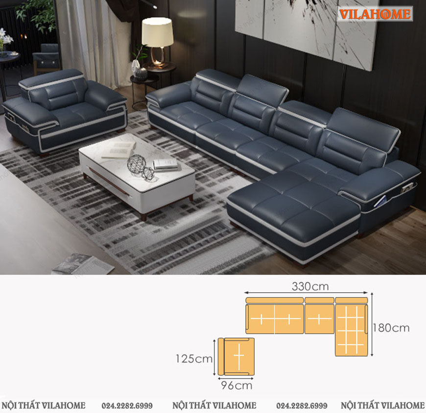 Kích thước sofa phòng khách góc chữ L đệm ô vuông và ghế đơn màu xanh đậm