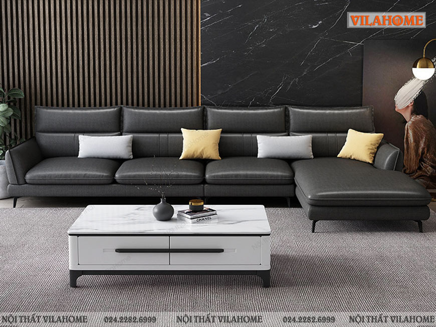 Bộ sofa phòng khách hiện đại góc chữ L màu đen