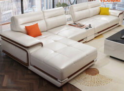 GDF153-Sofa góc chữ L phòng khách màu trắng có kệ để đồ