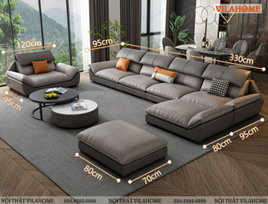 Mẫu sofa phòng khách màu xám tro góc chữ L kết hợp ghế đôn và văng đơn