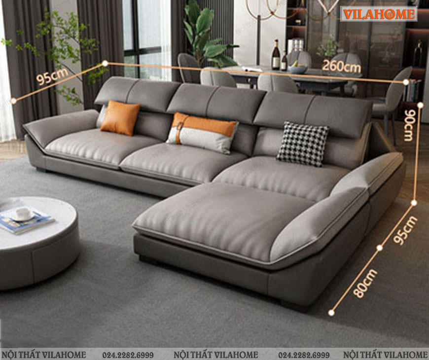 Kích thước sofa phòng khách màu ghi xám tro góc chữ L