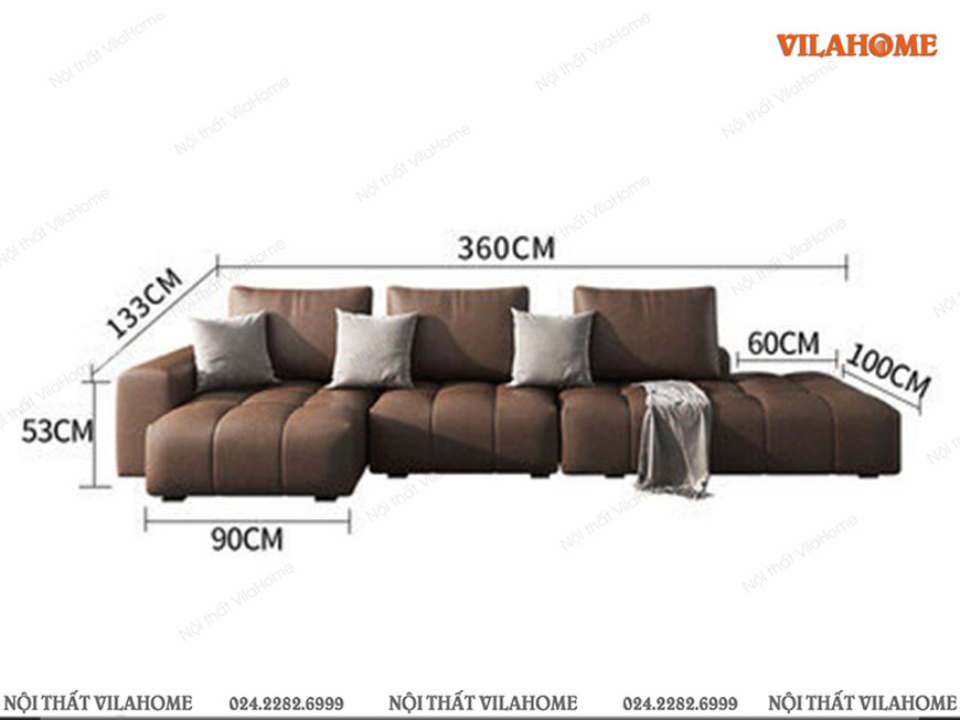 Kích thước sofa phòng khách góc phải đệm xẻ khối tròn màu nâu