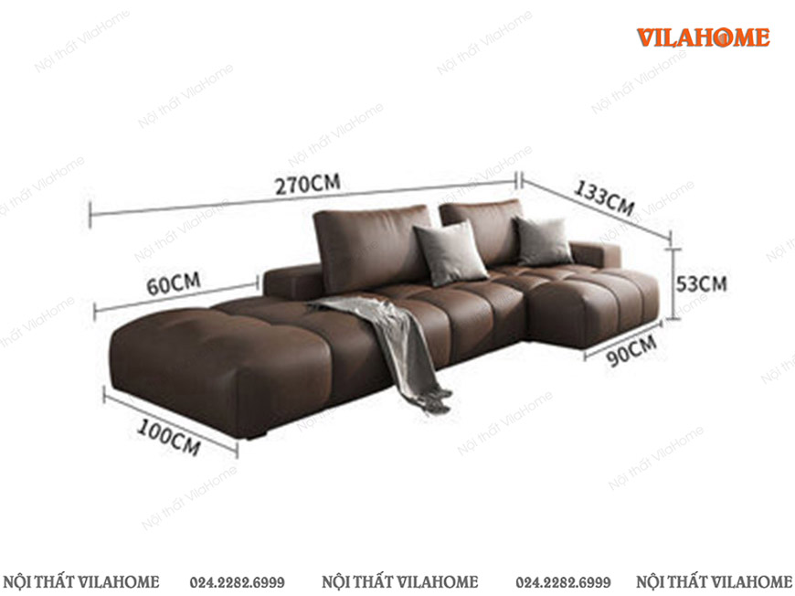 Thông số sofa phòng khách góc trái đệm xẻ khối tròn màu da bò