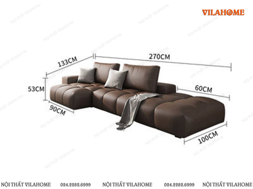 Thông số sofa phòng khách góc phải đệm xẻ khối tròn màu da bò