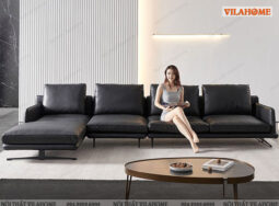 GDF158 – Sofa phòng khách màu đen góc da đệm mỏng