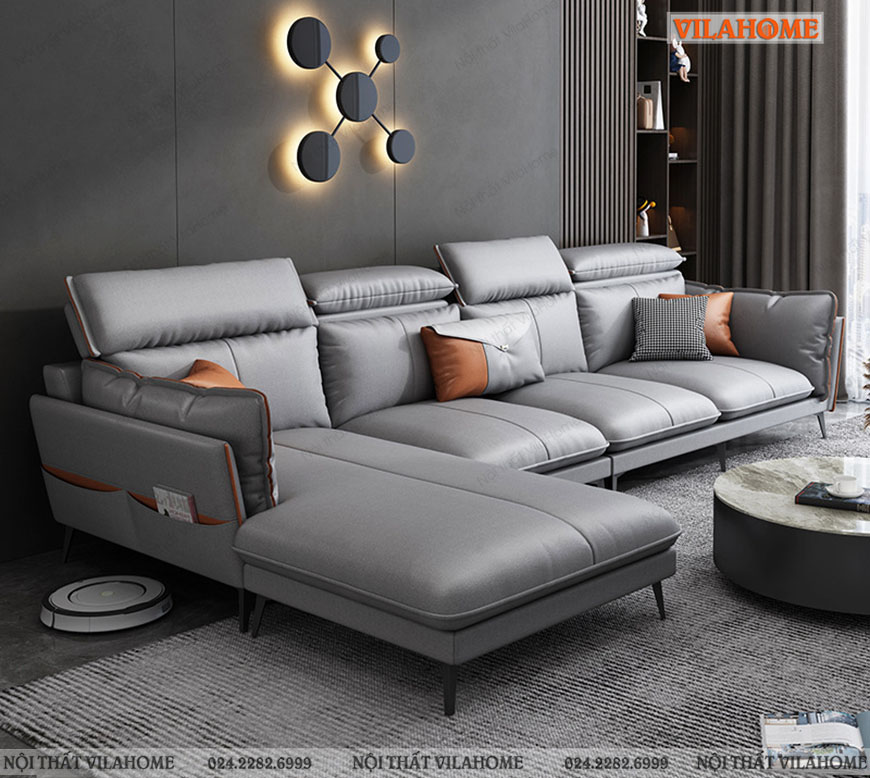 Mẫu sofa phòng khách đẹp góc chữ L màu ghi sáng đệm mỏng