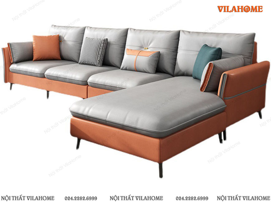 Mẫu sofa phòng khách đẹp màu xanh ghi và cam đất;