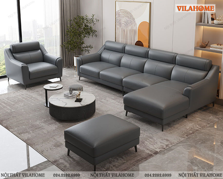 Mẫu sofa phòng khách góc chữ L kết hợp văng đơn và đôn màu xanh đen