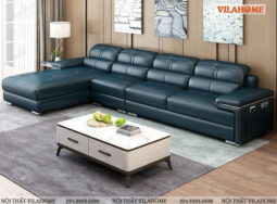 GDF169-Sofa phòng khách góc chữ L màu xanh sẫm đệm vuông