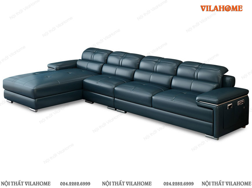 Sofa phòng khách góc chữ L màu xanh sẫm chân thấp
