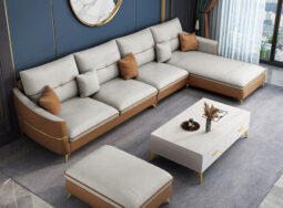 GDF171 – Sofa phòng khách góc L màu ghi và nâu bò chân mạ vàng