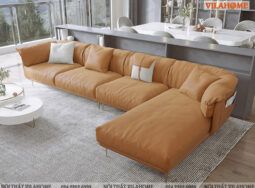 GDF176-Sofa phòng khách đẹp góc da đệm mềm màu vàng bò