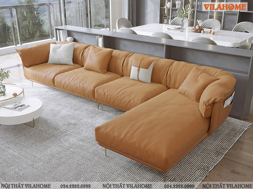 Sofa phòng khách đẹp góc da đệm mềm màu vàng bò
