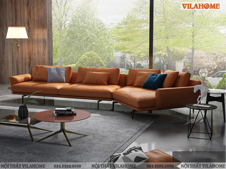 Sofa phòng khách màu da bò góc chữ V