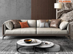 VD186 – Sofa văng da màu ghi đẹp tay vịn gập