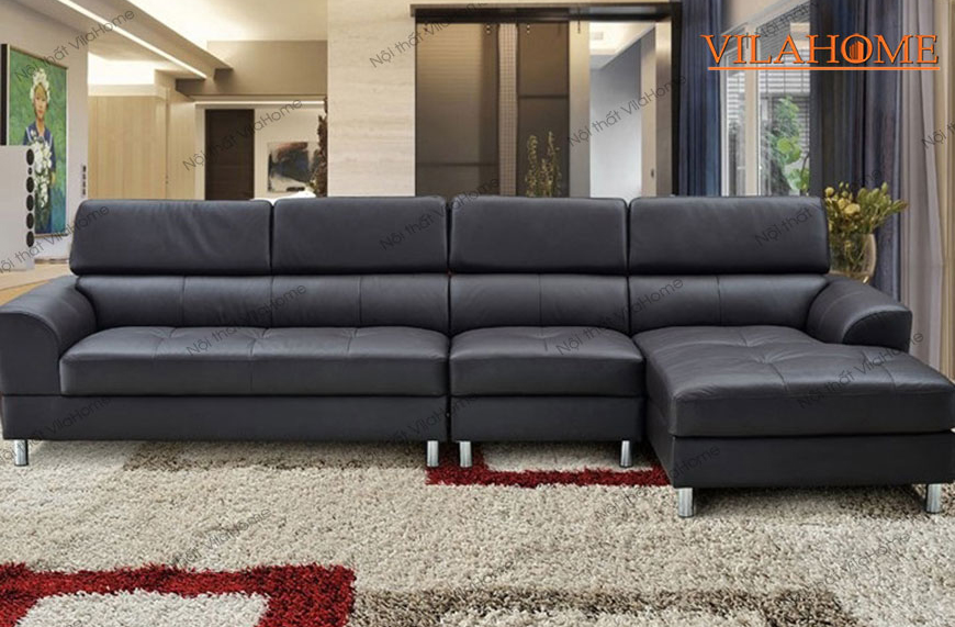 Sofa góc chữ L màu đen chân inox thấp
