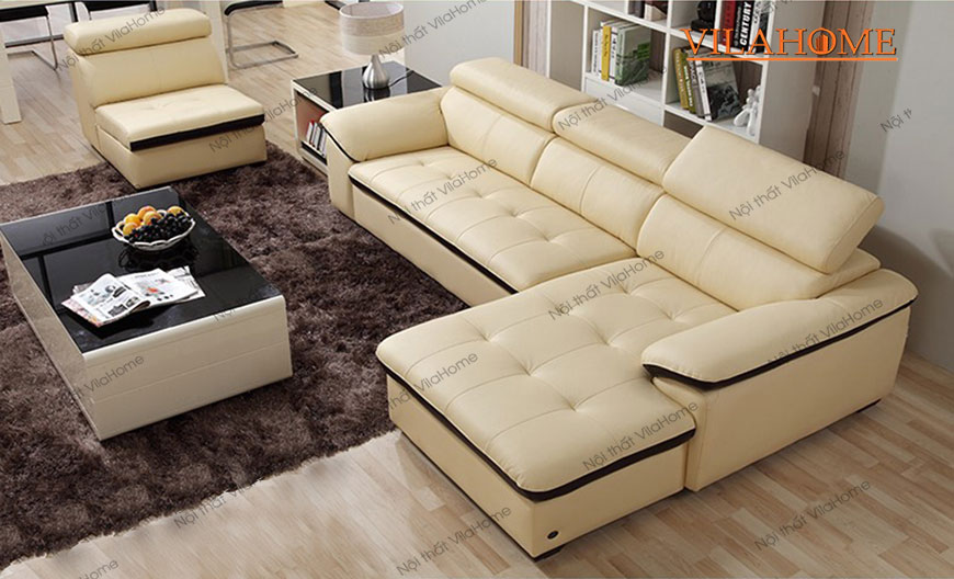 Bộ sofa góc da màu be kết hợp viền đen