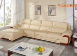 243 – Sofa góc màu kem tay vịn lộ gỗ 2m8 x 1m8