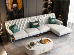 CC101- Sofa cao cấp màu trắng và tím than tựa lưng rút múi trang trí mạ vàng