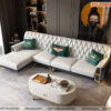 Sofa cao cấp màu trắng và tím than tứ lựa lưng rút múi trang trí mạ vàng