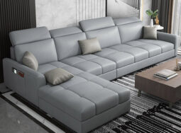 CC105 – Sofa cao cấp góc màu xanh ghi đệm dày vuông chân thấp