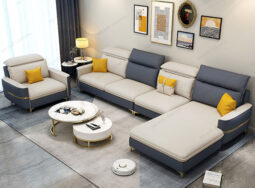CC107 – Sofa cao cấp màu trắng và xanh sẫm chân mạ vàng