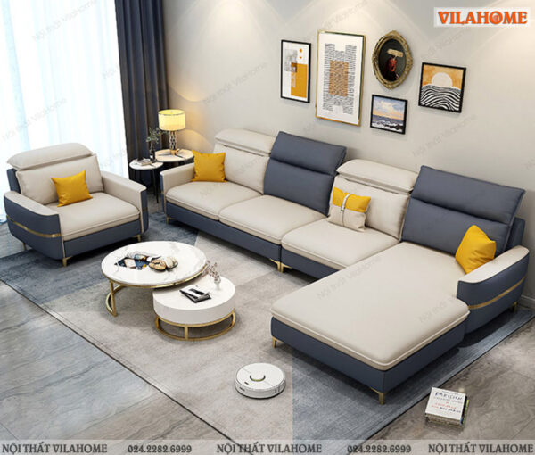 Sofa cao cấp màu trắng và xanh sẫm chân mạ vàng