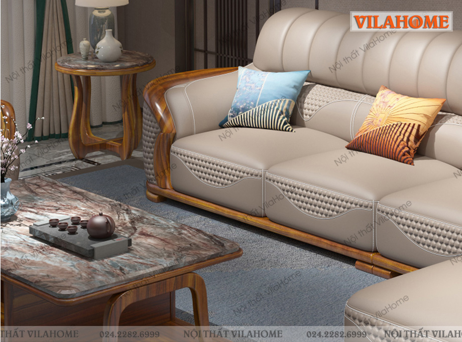 Bộ sofa góc màu kem chân ghế gỗ