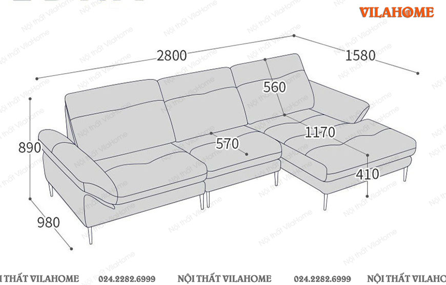 Kích thước sofa góc màu hồng pastel 2m8 x 0,98m