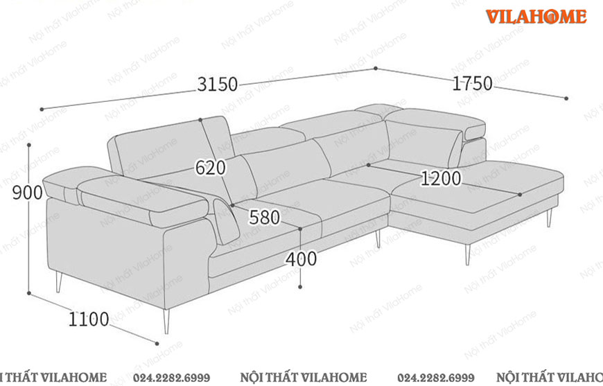 Kích thước sofa góc chữ L màu ghi sáng 3m15x1m1