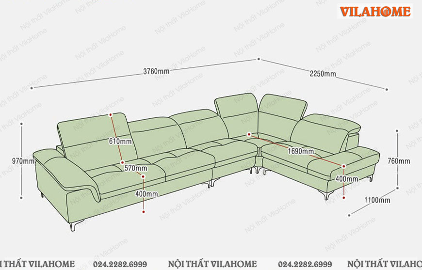 Kích thước sofa chữ L màu nâu 3m7 x 1m1