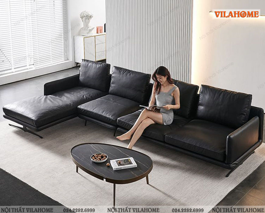 Sofa góc chữ L màu đen đệm trơn