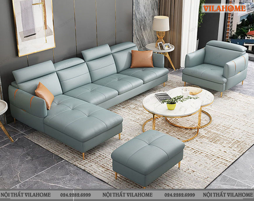Bộ sofa màu xanh pastel kết hợp văng đơn và ghế đôn