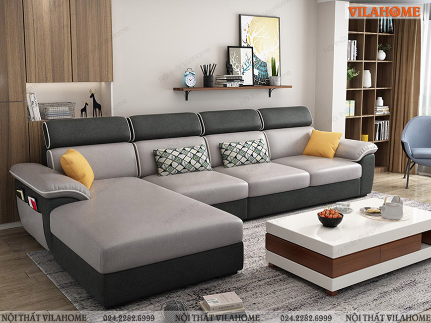 Bộ sofa góc chữ L màu xám ghi kết hợp