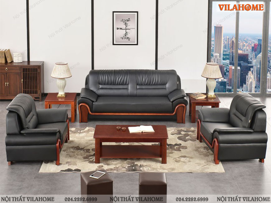 Bộ sofa văn phòng một văng đôi hai văng đơn màu đen VP5
