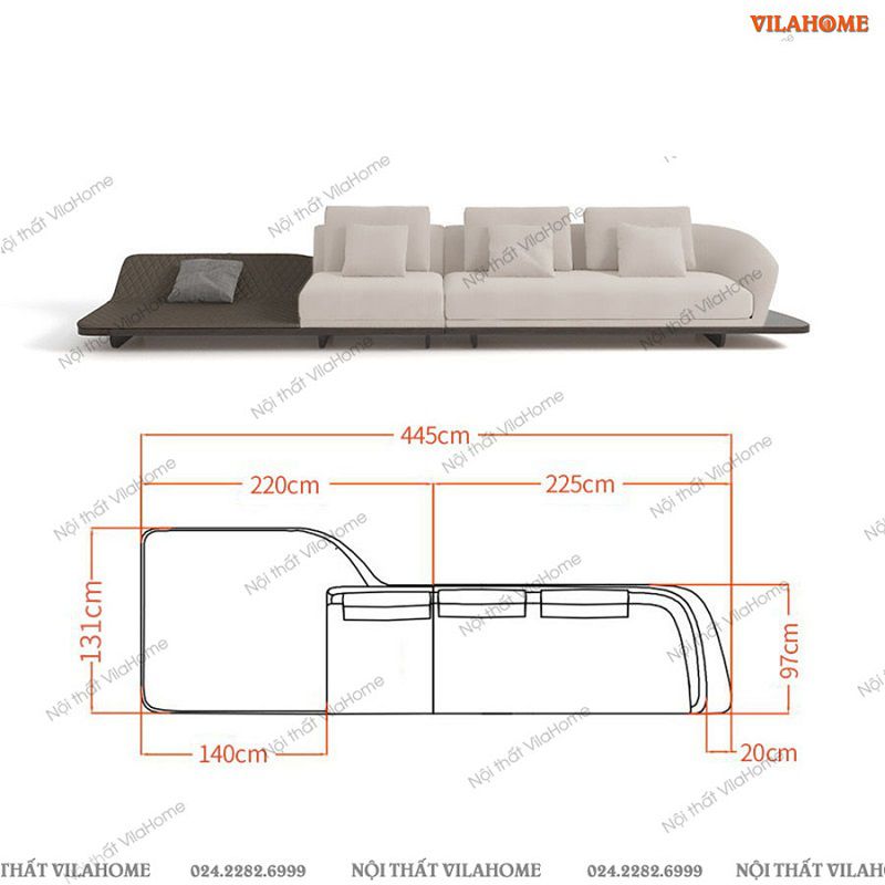 Kích thước sofa vải văng hiện đại 4.45m