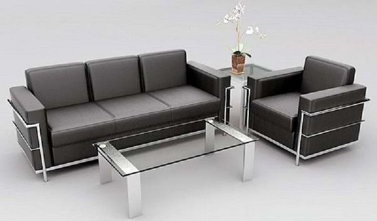 Mẫu 1: Bộ ghế sofa inox theo phong cách cổ điển truyền thống với nệm bọc da và tông màu đen trầm tính