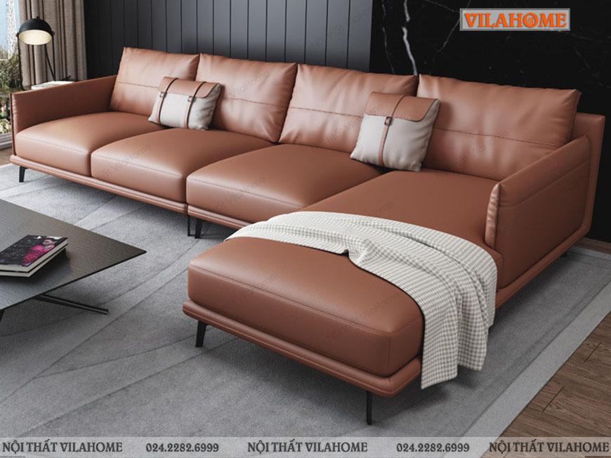 Mẫu sofa da góc màu cam đất chân cao GDF170