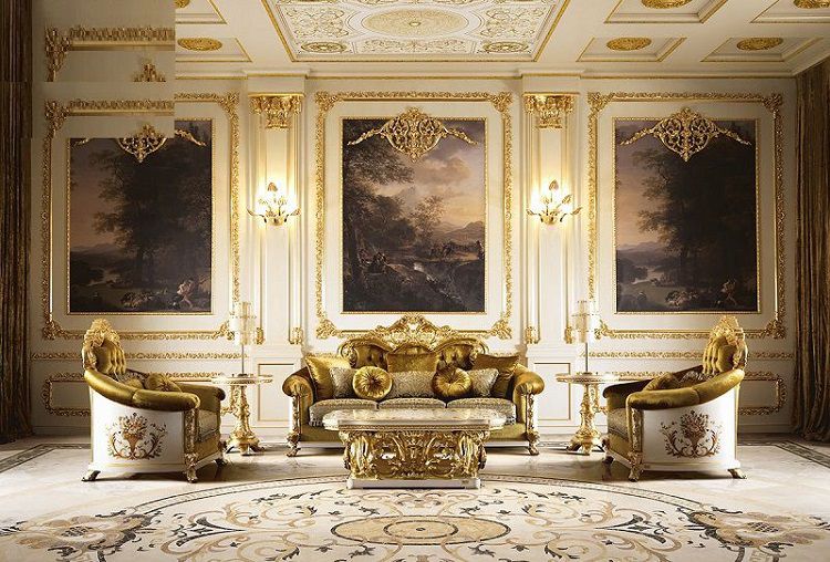 Mẫu 5: Bộ ghế sofa tân cổ điển size lớn vơi điểm nhân slaf thành ghế mạ vàng tạo điểm nhấn lớn cho cả phòng khách