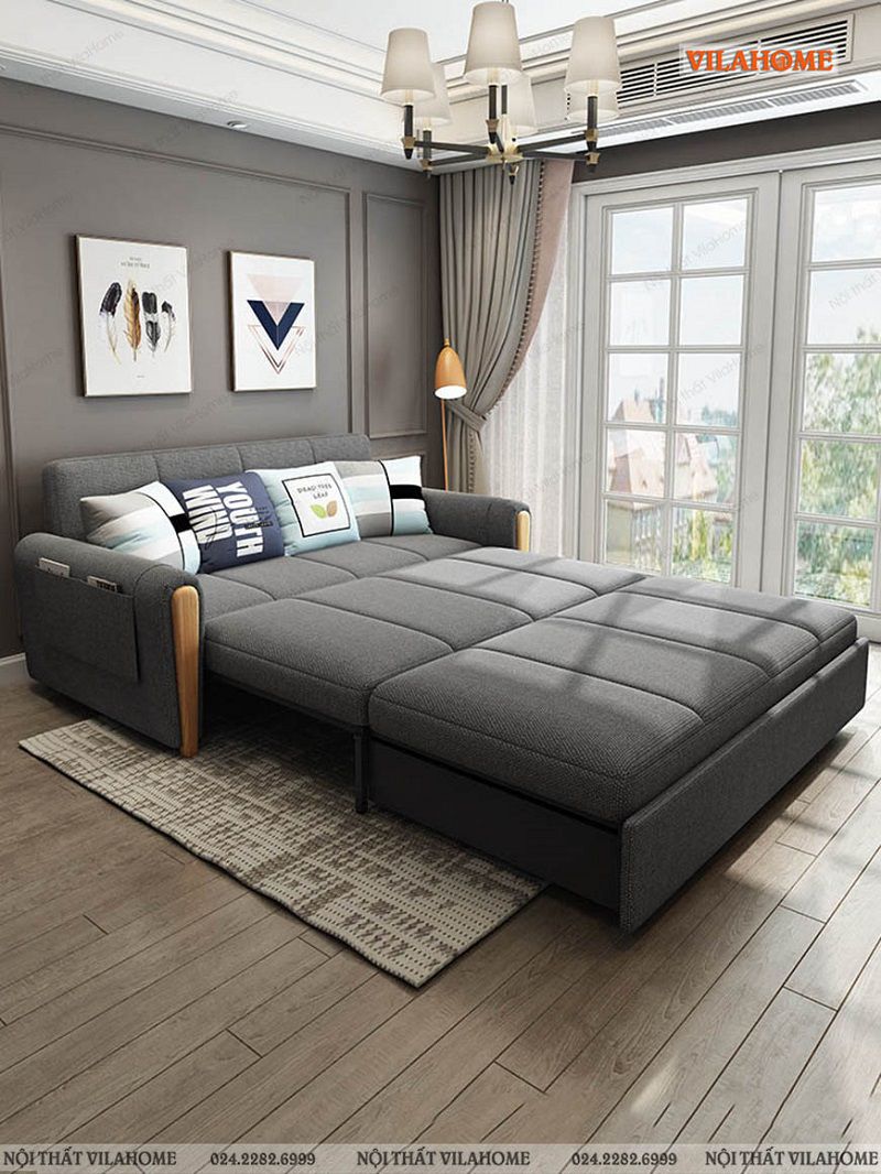 Sofa giường đẹp bọc nỉ cao cấp NS129 có túi để đồ bên sườn tiện lợi