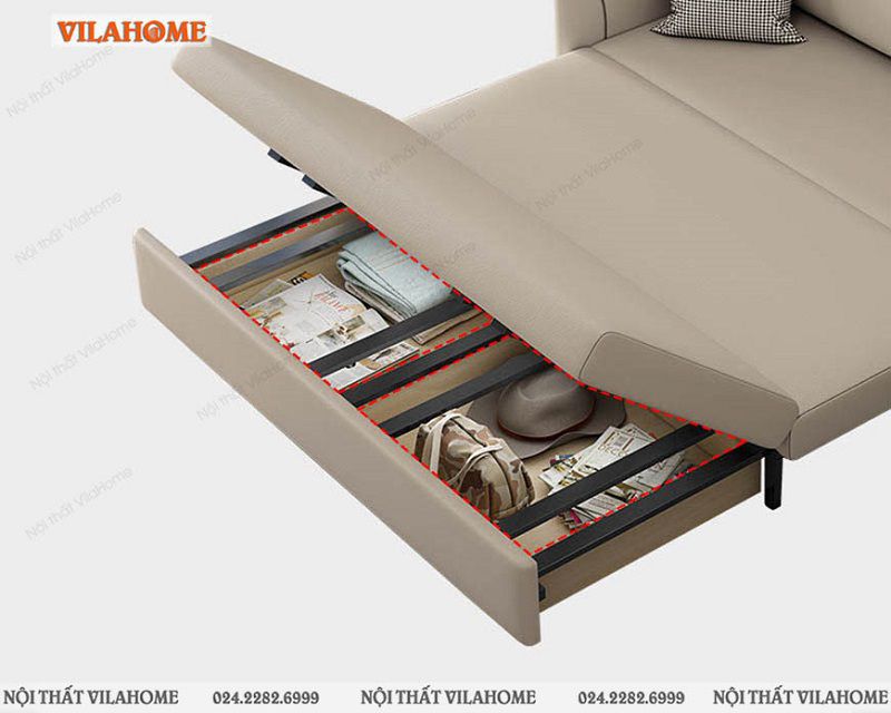 Sofa giường da nhập khẩu NS103 cấu tạo bởi khung thép chịu lực chịu tải tốt, có lót đế cao su để bảo vệ sàn, hộc để đồ có sức chứa lớn.