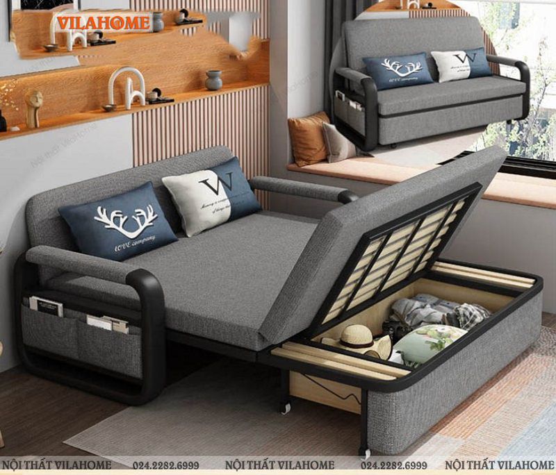 Giường sofa đẹp NS118 có hộc để đồ tiện lợi, giúp bạn tiết kiệm diện tích không gian sống