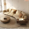 Sofa vải dáng cong lộ gỗ màu be nâu nhạt