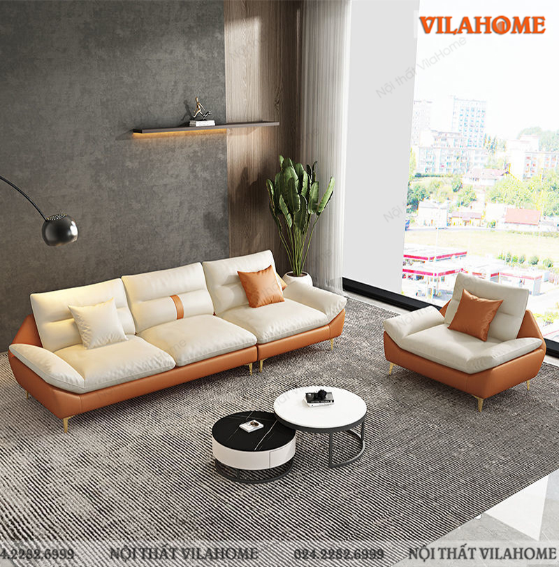 Sofa văng bọc da màu trắng cam cao cấp SFV026
